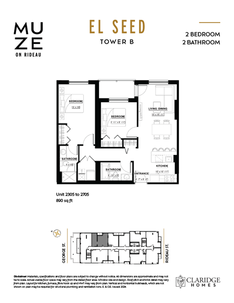 Floor plan for 2 beds, 2 baths, 890 sqft